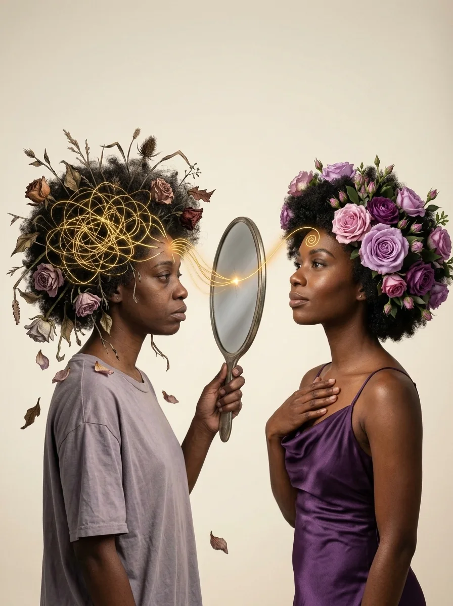 Two women facing a mirror, one wilted, one in bloom